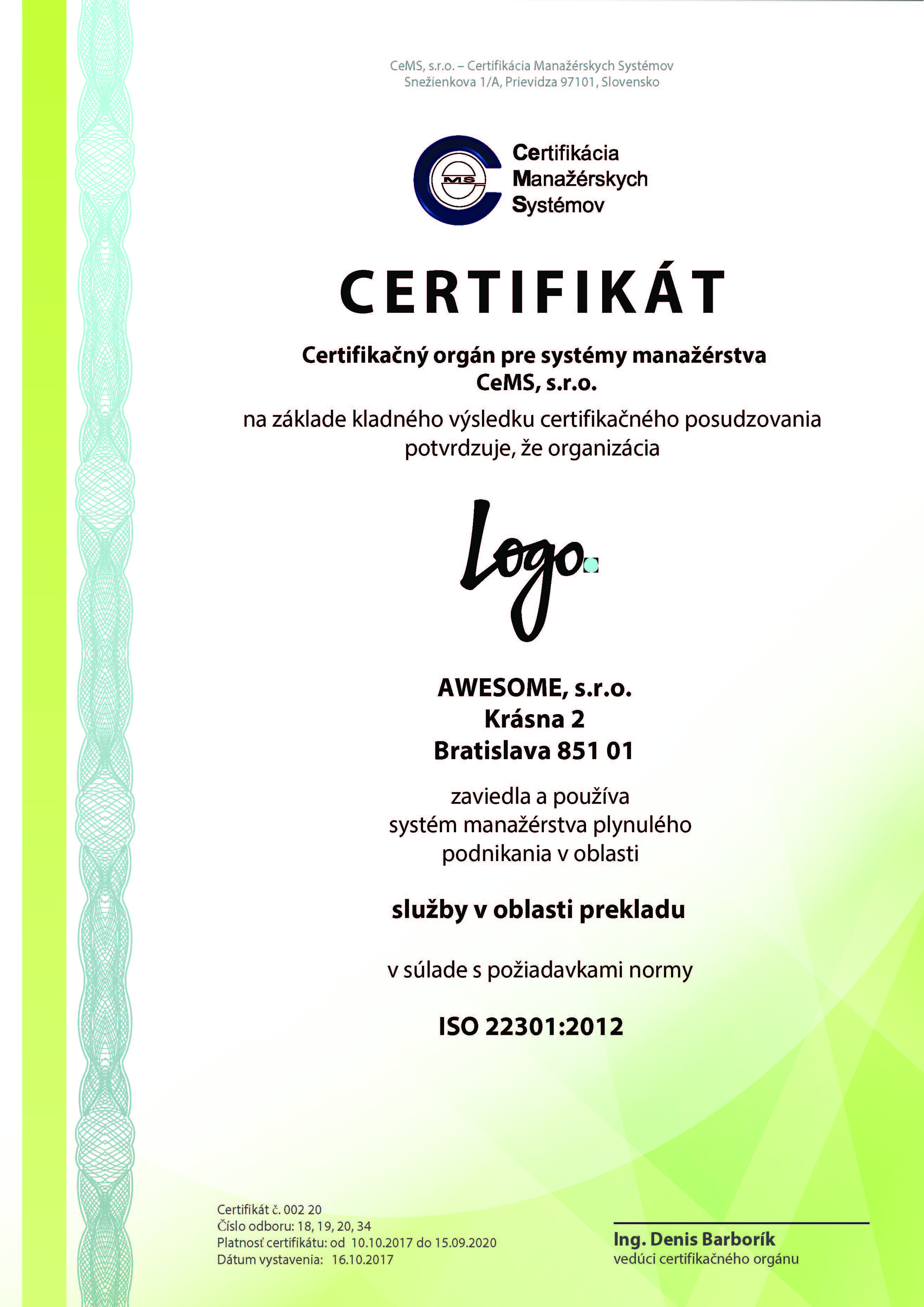 vzor certifikátu ISO 9001 od CeMS